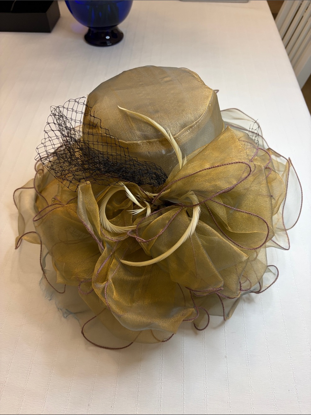 Elegant Women's Gold Organza Floral Dress Hat with Veil